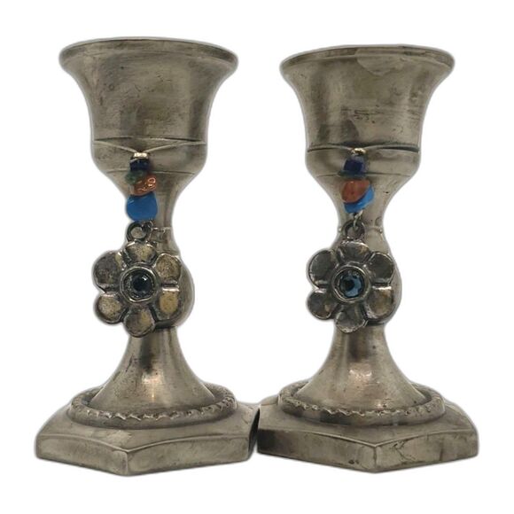 Silver Tone Brass Candlesticks Holders W/ Beads & Flower Charm Appx 3 - Picture 1 of 16